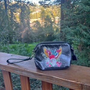 Black Leather Wristlet - Ed Hardy Y2K Bedazzled Leather